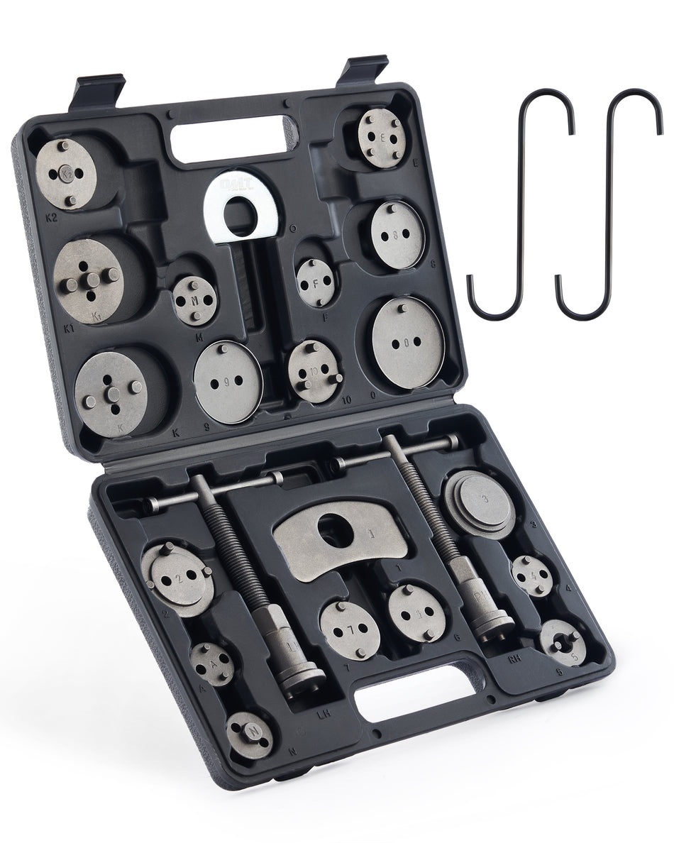 Orion Motor Tech Brake Caliper Wind Back Tool Kit, 24pc Brake Caliper Compression Tool Set with Thrust Bolt Assemblies Retaining Plates Caliper Hangers 18 Disc Adapters, Caliper Tool with Case, Black