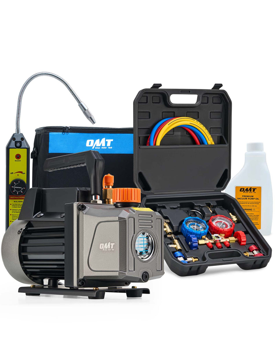 AC Vacuum Pump and Gauge Set, 1/3 hp 4 cfm Vacuum Pump Manifold Gauge Kit with Leak Detector 3 Hoses & Accessories for R134a R12 R22 R502