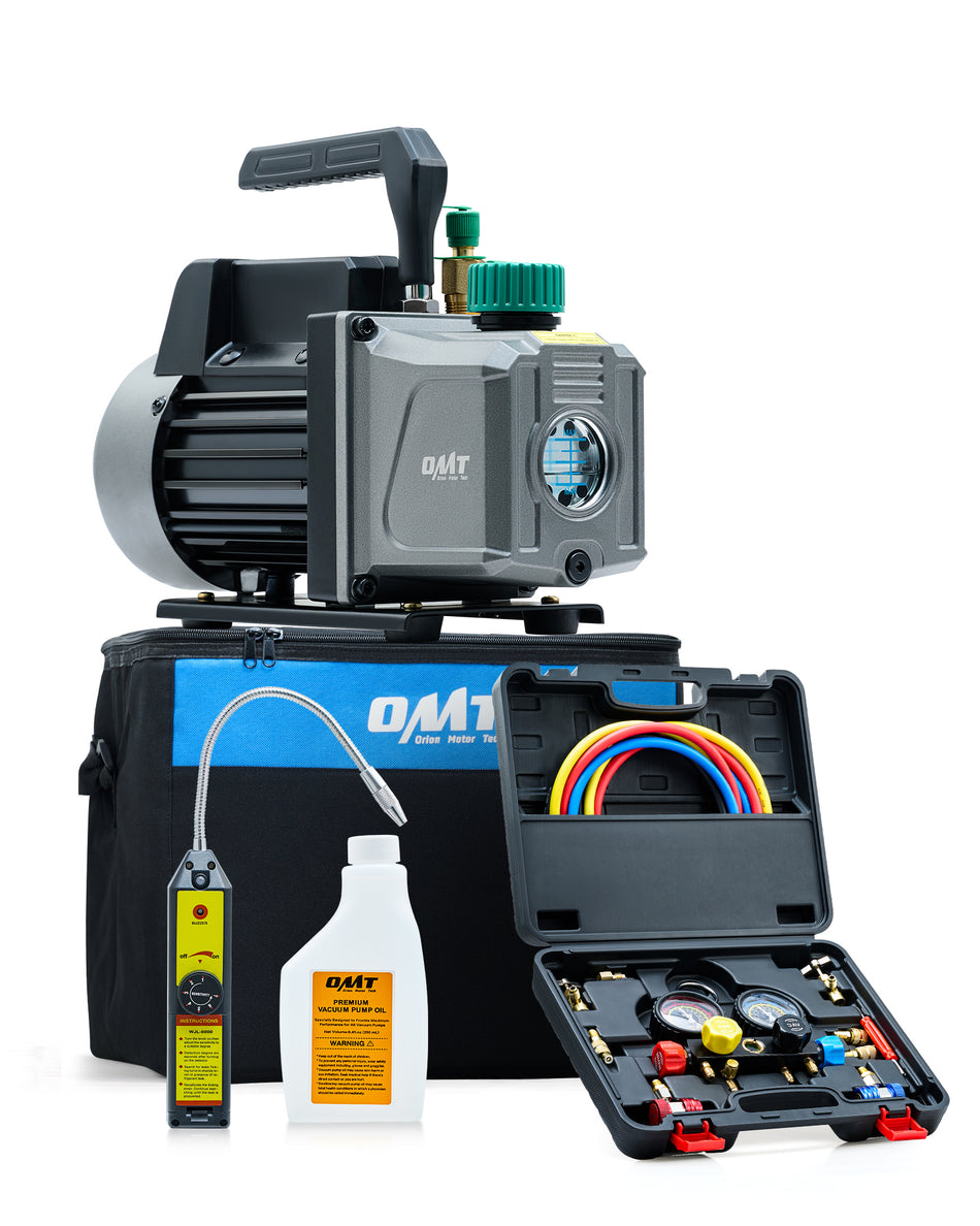 4.5 cfm HVAC Vacuum Pump and 4 Way AC Gauges with Leak Detector, Puncture and Self-Sealing Can Taps Quick Couplers