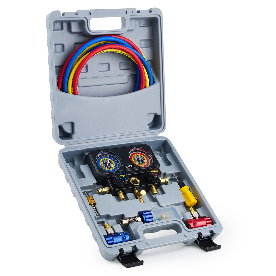 R1234yf AC Gauge Set, 3 Way AC Gauges W Hoses R1234yf R134a Quick Couplers Self Sealing Can Tap