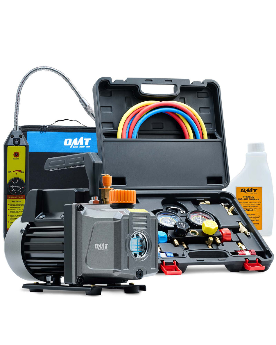 AC Vacuum Pump and Gauge Set, 4 Way AC Gauges and 4 cfm HVAC Vacuum Pump