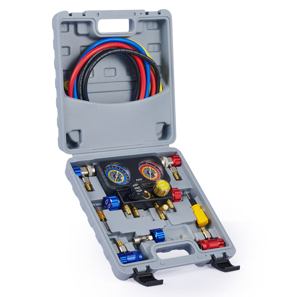 R1234yf AC Gauge Set, 4 Way AC Gauges W Hoses R1234yf R134a Quick Couplers Self Sealing Can Tap