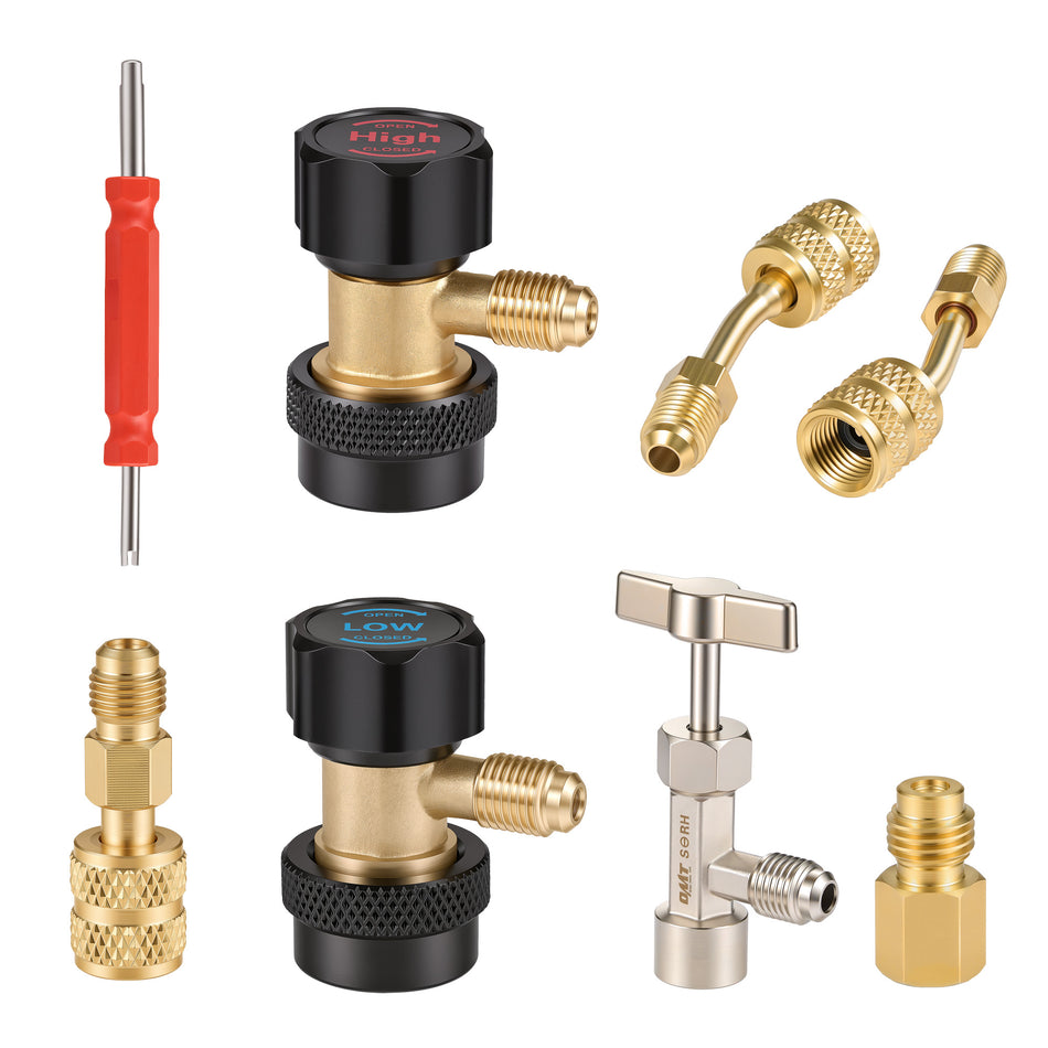 AC Adapter Tool Kit, 8-Piece AC Gauge Hose Conversion Adapter Set with R134a High/Low Quick Couplers Self-Sealing Can Tap R410 Adapters Valve Core Remover for Automotive HVAC Service