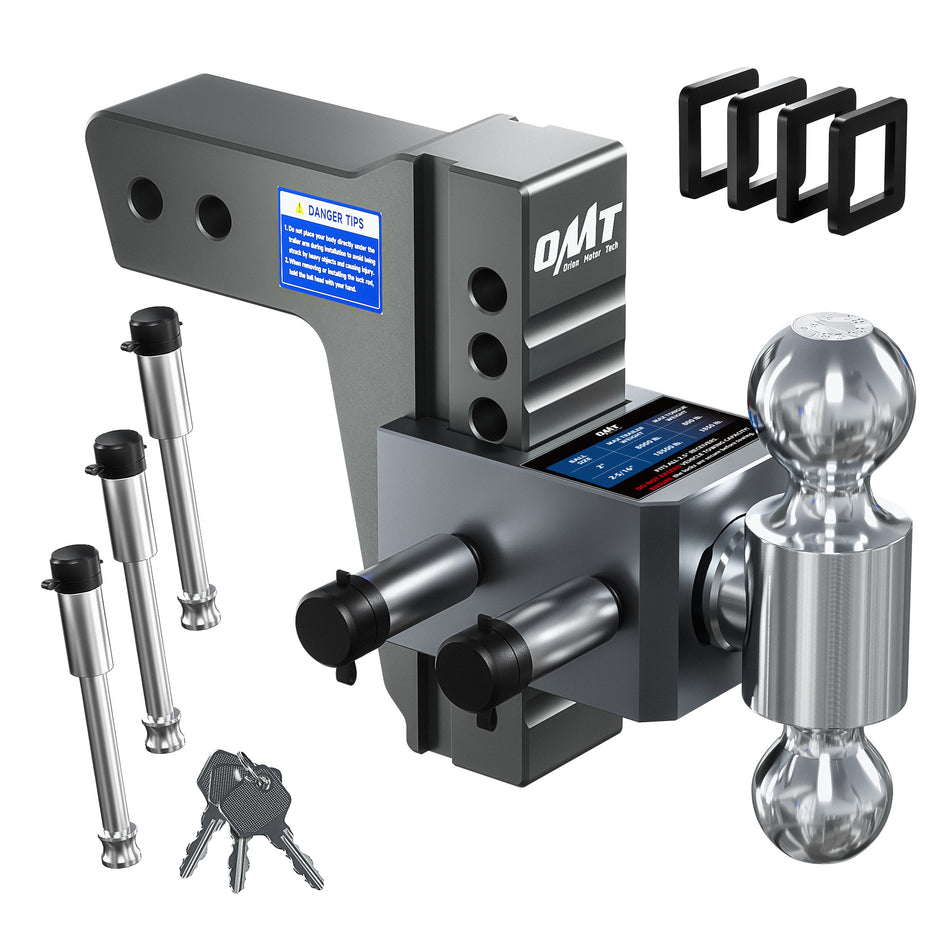 Adjustable Trailer Hitch, Heavy Duty 2.5 inch Receiver Hitch, 6" Drop Hitch with 2" & 2-5/16" Balls, 360° Dual-Ball Mount with 18500lb Towing Capacity for Class IV & V, Gray