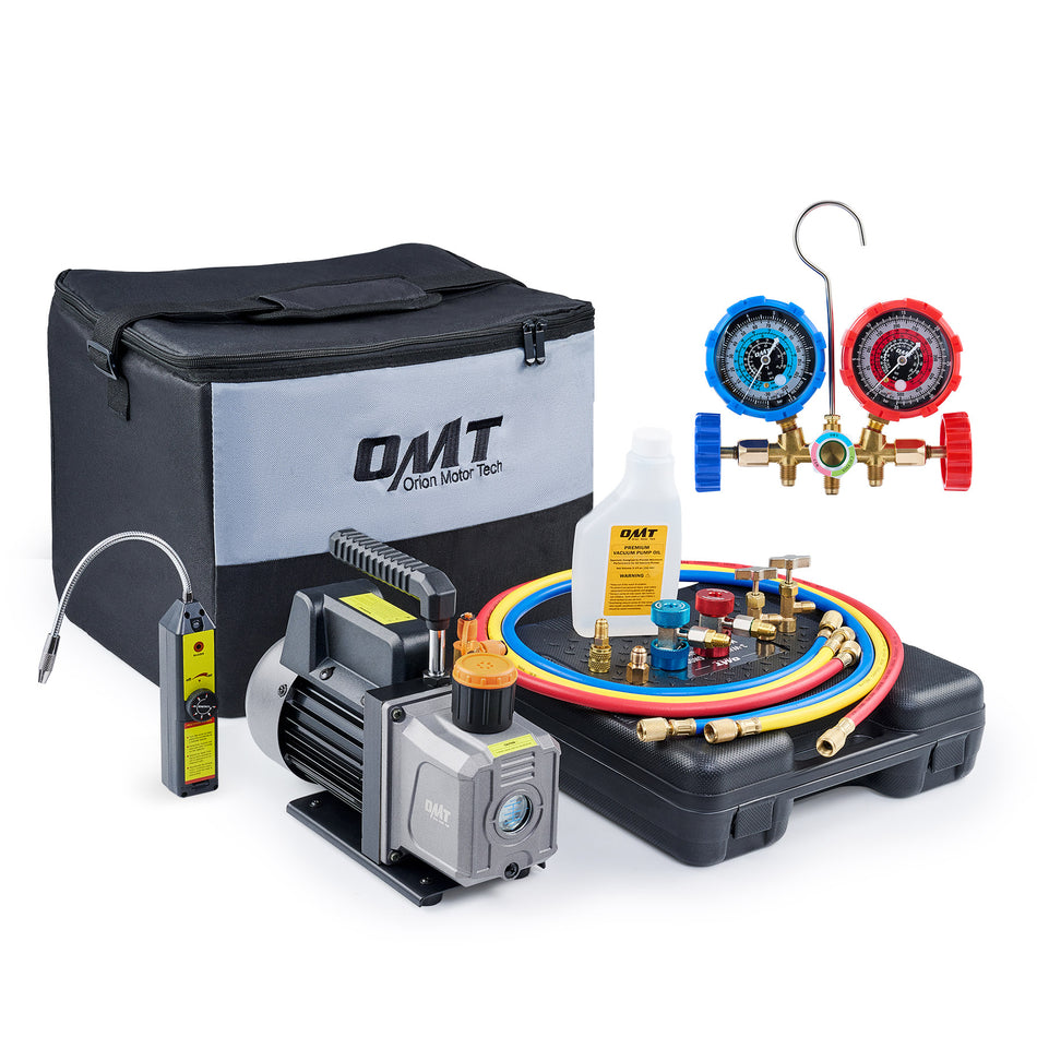 4CFM Vacuum Pump and Gauge Set with Leak Detector & Accessories