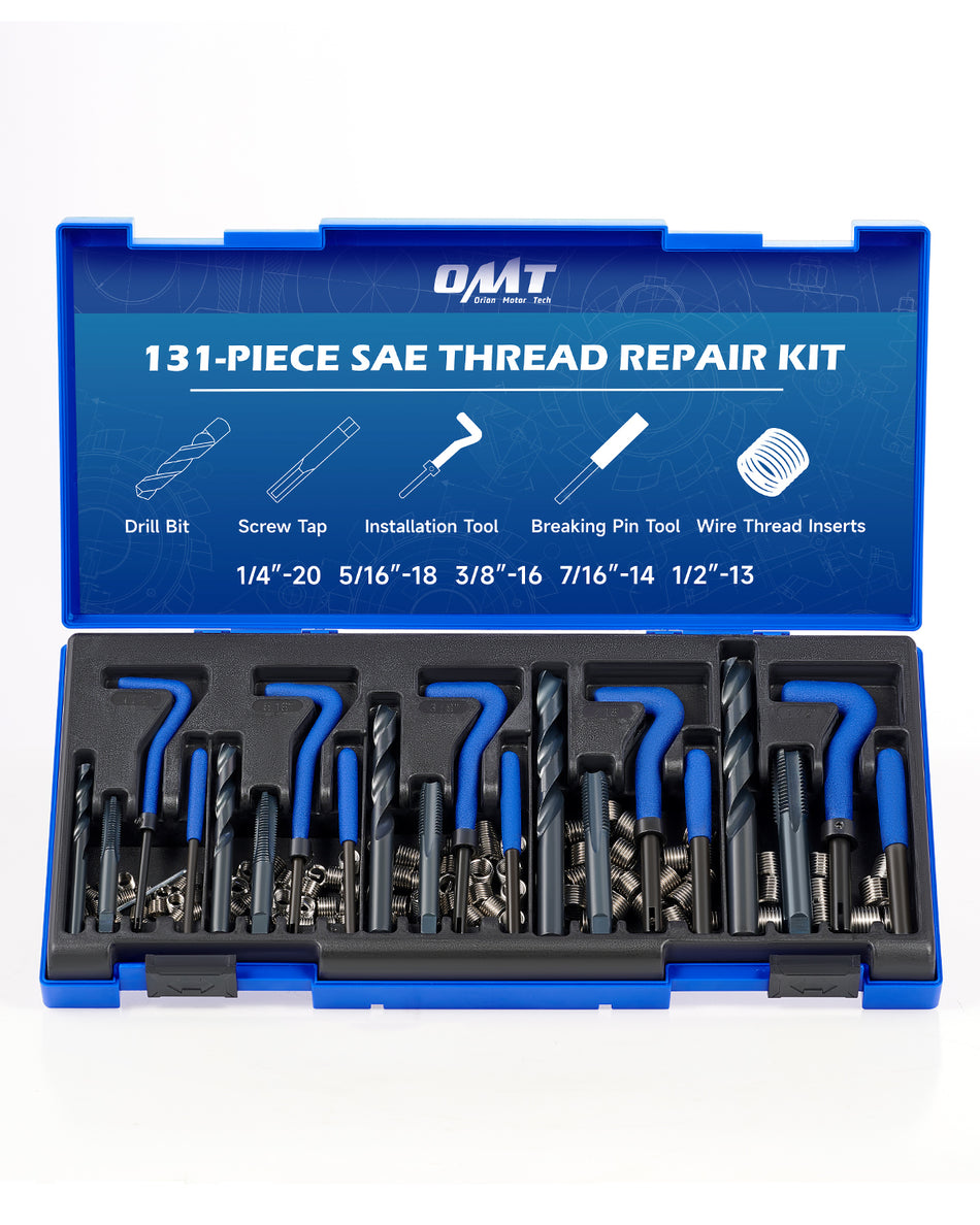 Thread Repair Kit, 131pc SAE Helicoil Repair Kit with HSS Drill Bits Thread Inserts Taps Breakoff Installation Tools