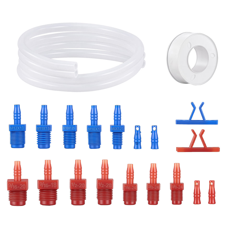 Master Cylinder Bleeder Kit Compatible with 13911, 21pc Complete Brake Bleeder Tool Kit with SAE & Metric Fittings, 22 in Clear Hose, Clips and PTFE Tape, Universal Fit