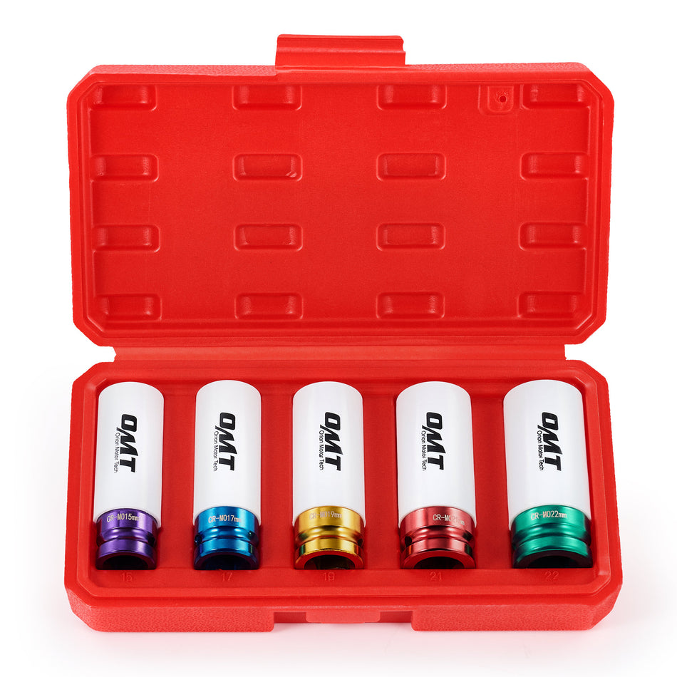 5 Piece 1/2 Inch Drive Impact Socket Set with Protective Sleeves - 15mm to 22mm Chrome Molybdenum Steel Lug Nut Tool Kit