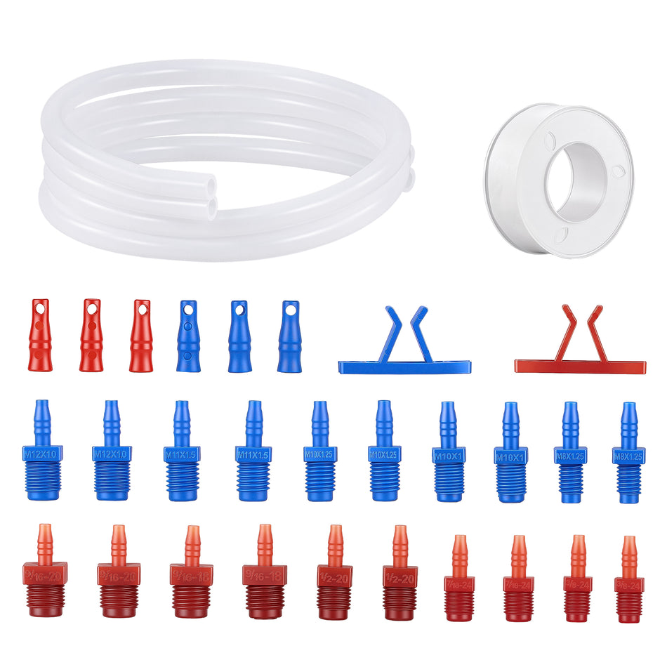 Master Cylinder Bleeder Kit Compatible with 14151, 31pc Complete Brake Bleeder Tool Kit with SAE & Metric Fittings, 22 in Clear Hose, Clips and PTFE Tape, Universal Fit