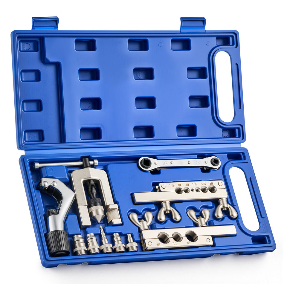 Single Flaring Tool & Swaging Tool Kit for HVAC Tubing, 45 Degree 1/8" - 3/4" Flare Tool Kit with Swaging Adapters, Tube Cutter & Ratchet Wrench, Single Flare Tool for Soft Metals