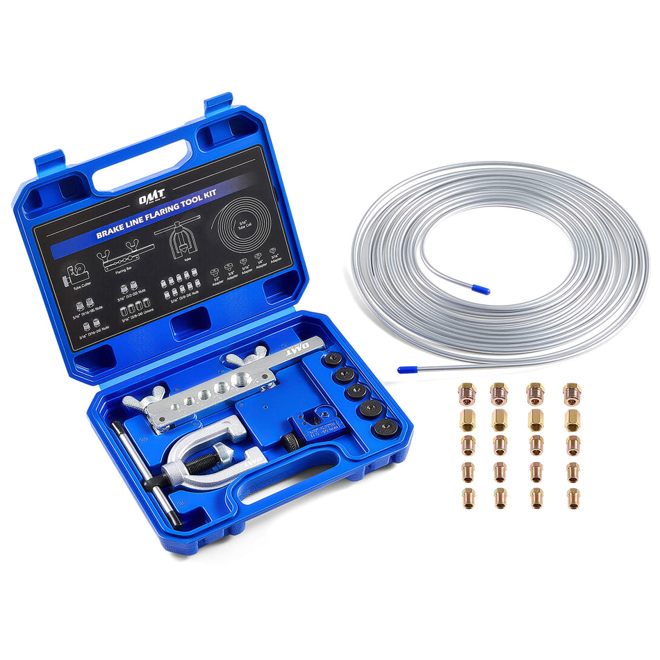 3/16 in Brake Line Kit, Brake Line Flaring Tool Kit with 25 ft Brake Line, 16 Fittings & 4 Unions, Double & Single Flaring Tool Kit for Most Hydraulic Braking Fuel Systems