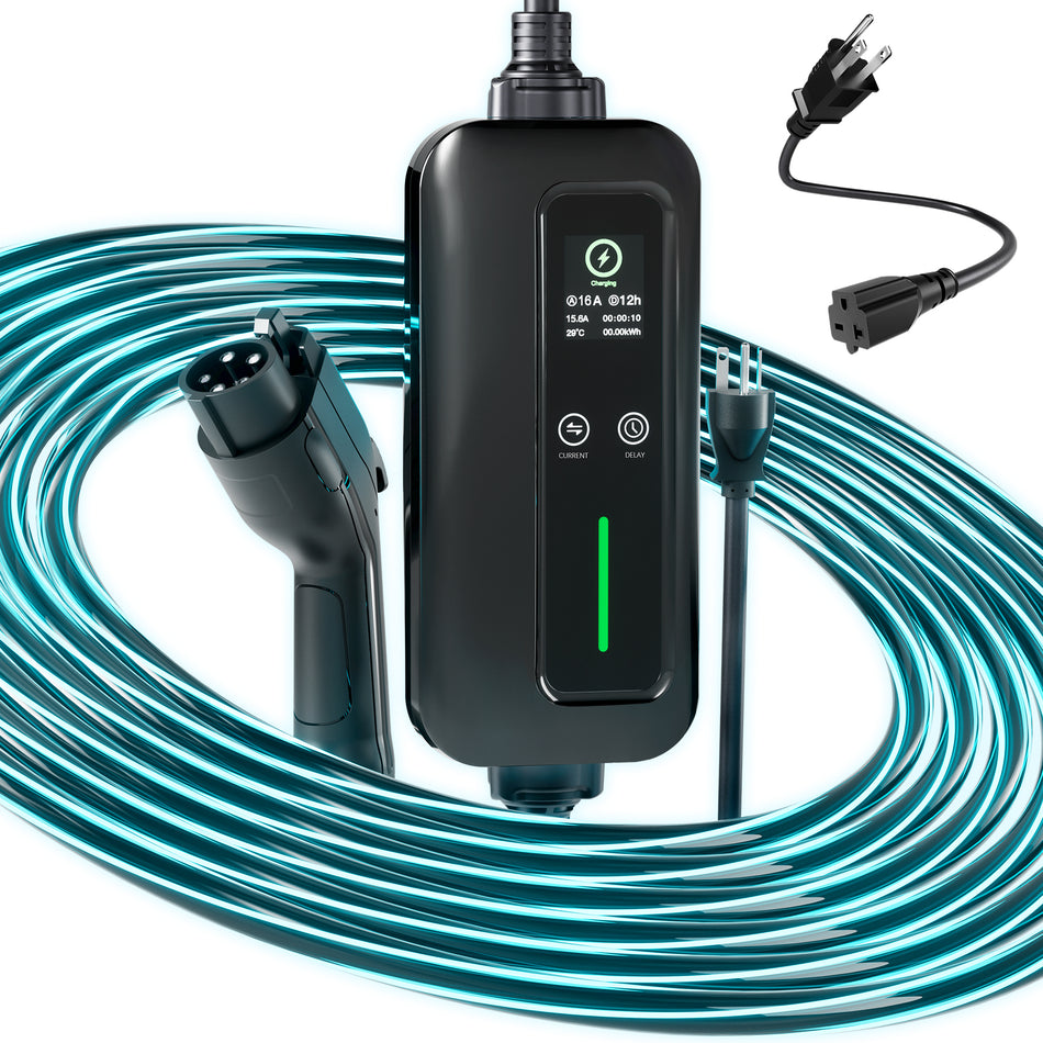 Level 2 & 1 Portable EV Charger with Glowing Cable 6-16A 25FT