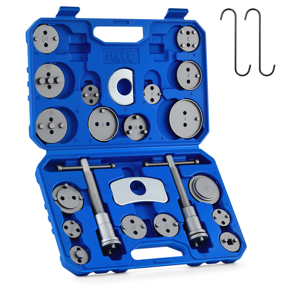 Brake Caliper Wind Back Tool Kit, 24pc Brake Caliper Compression Tool Set with Thrust Bolt Assemblies Retaining Plates Caliper Hangers 18 Disc Adapters, Caliper Tool with Case