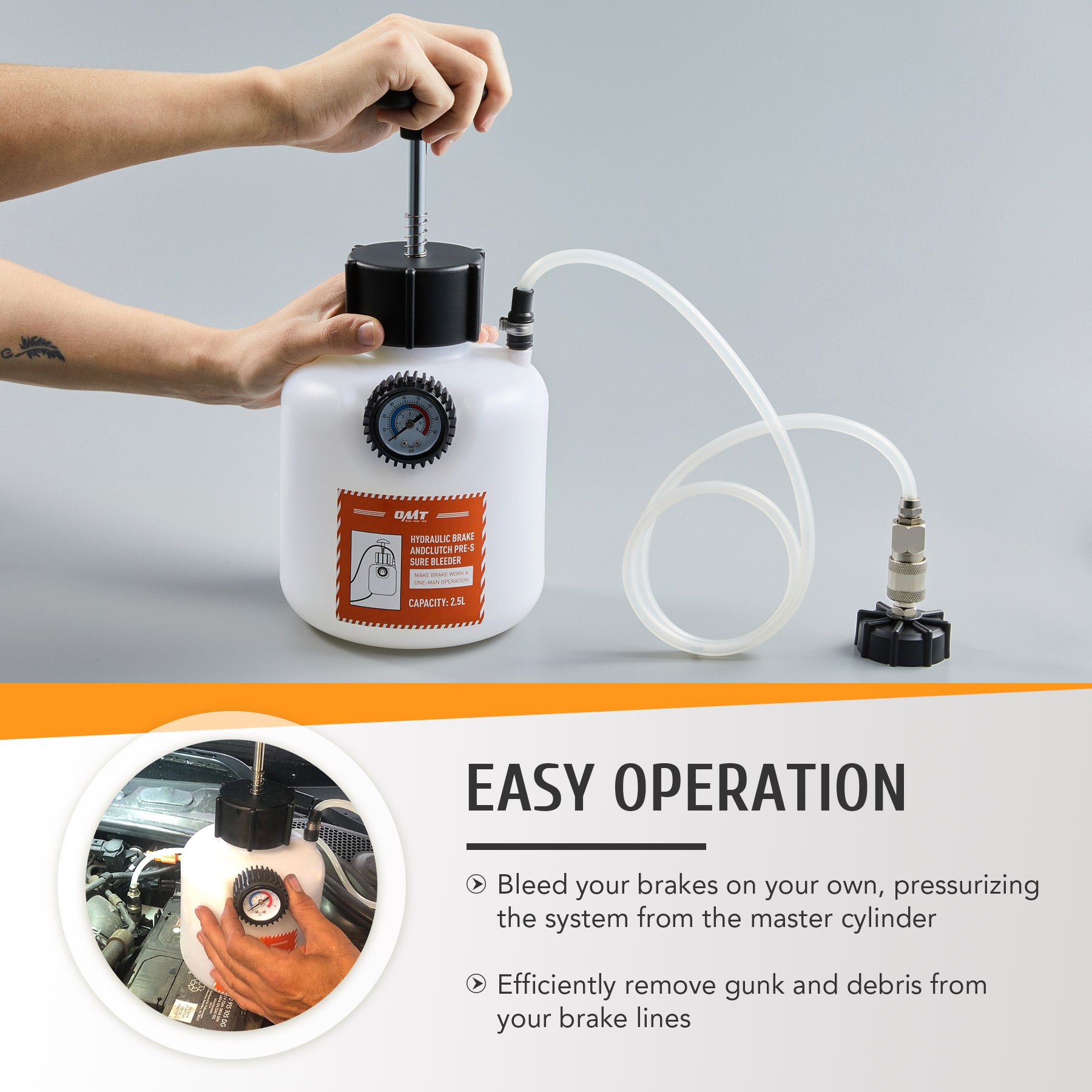 2.5L Pressure Brake Bleeder with Hose and European Adapter, Manual Brake Fluid Pressure Bleeder