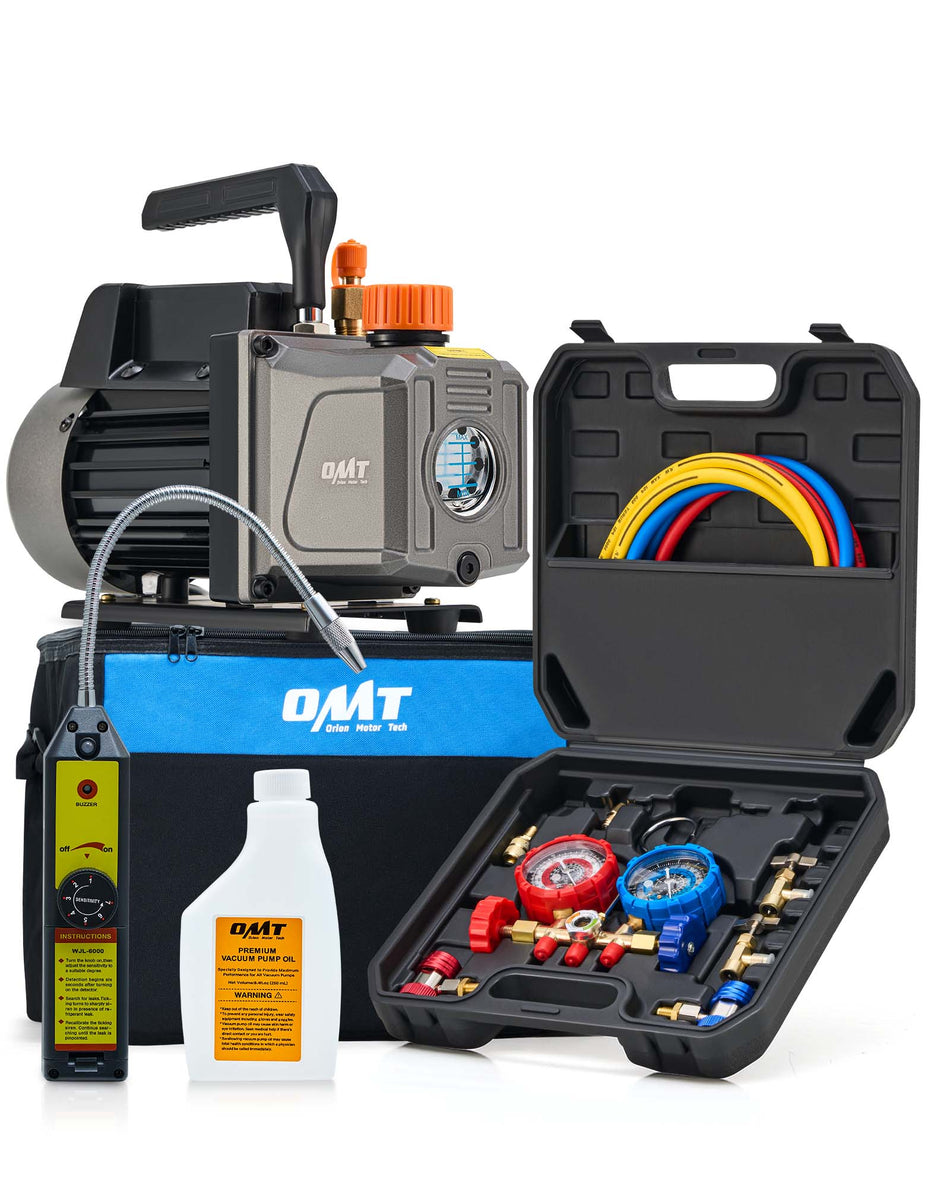 AC Vacuum Pump and Gauge Set, 1/3 hp 4 cfm Vacuum Pump Manifold Gauge Kit with Leak Detector 3 Hoses & Accessories for R134a R12 R22 R502