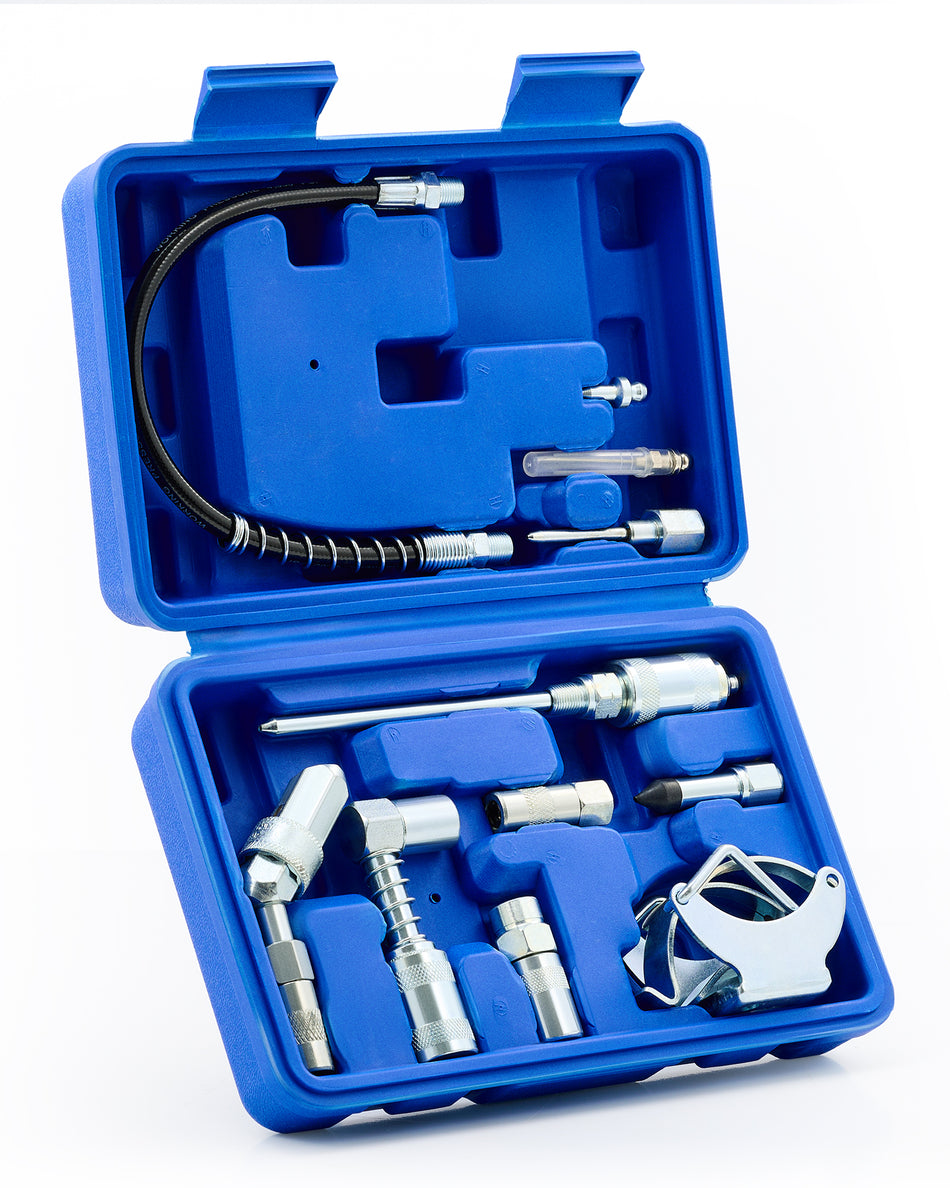 Grease Gun Accessory Kit, 11 Piece Grease Gun Coupler Set for Hard to Reach Grease Fittings, Heavy Duty Lubrication Grease Zerk Fitting Adapters with Grease Gun Hose Holder