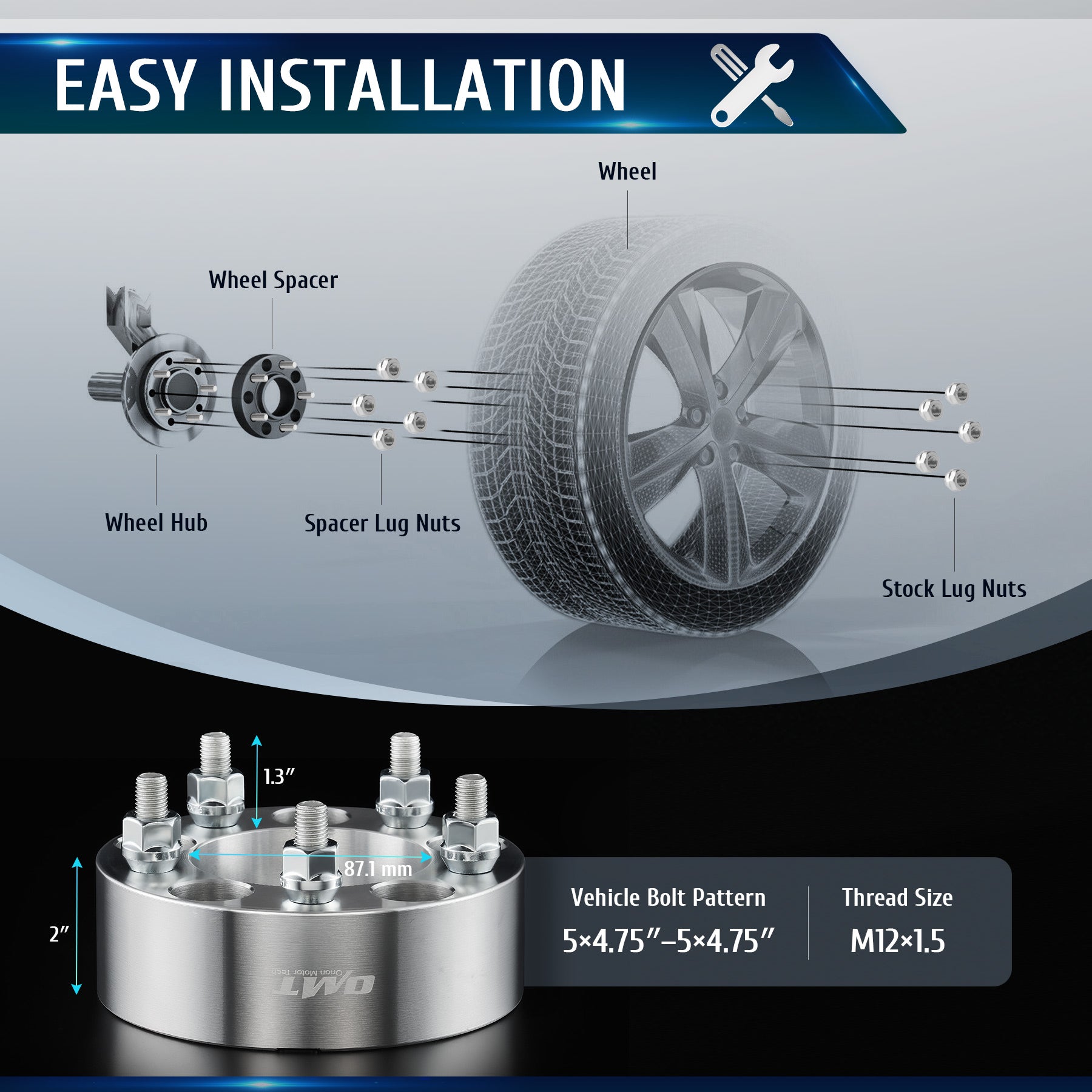 5x4.75 Wheel Spacers, 2 Inch Wheel Spacers with M12x1.5 Studs