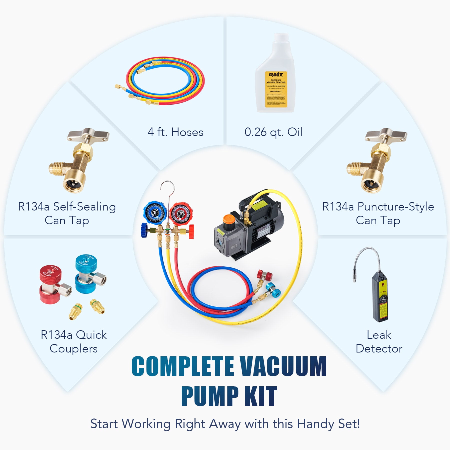 4CFM Vacuum Pump and Gauge Set with Leak Detector & Accessories