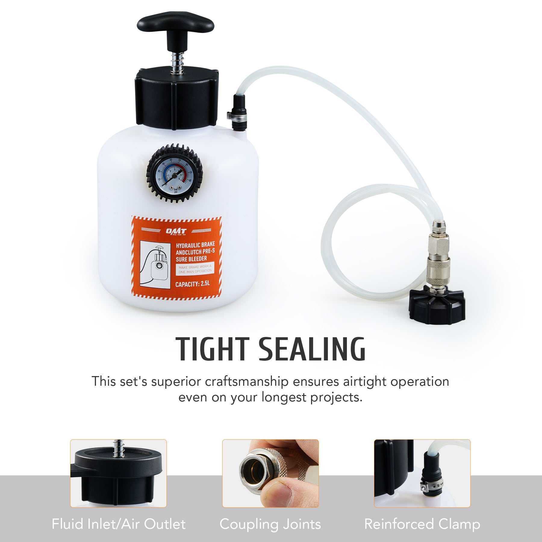 2.5L Pressure Brake Bleeder with Hose and European Adapter, Manual Brake Fluid Pressure Bleeder
