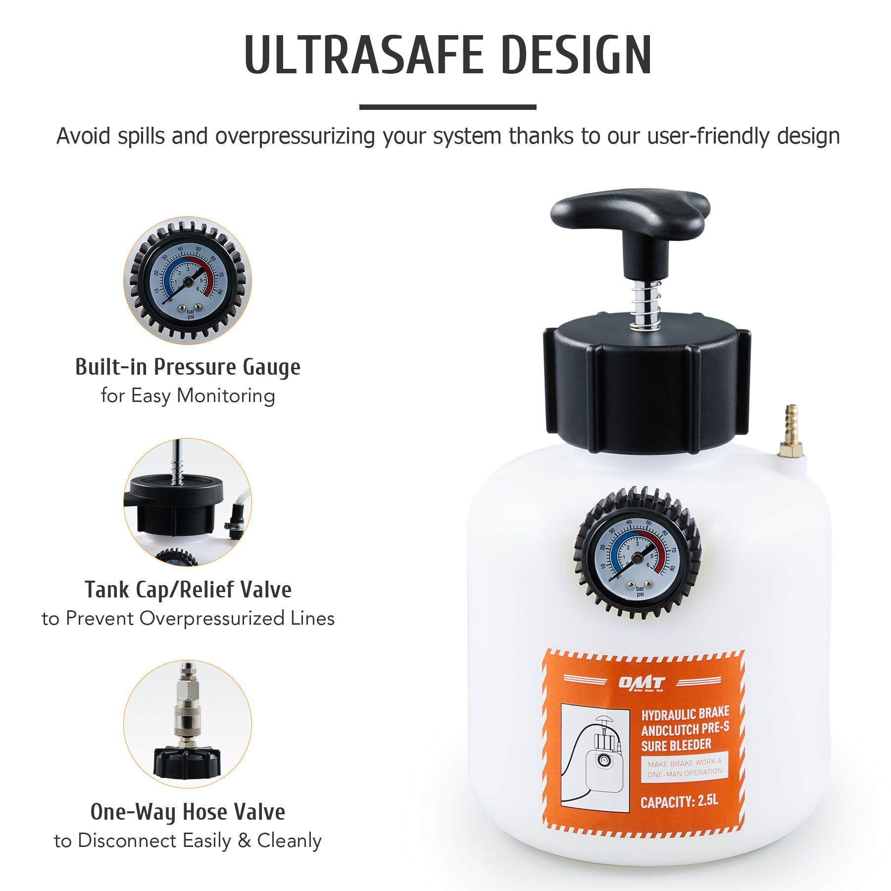 2.5L Pressure Brake Bleeder with Hose and European Adapter, Manual Brake Fluid Pressure Bleeder