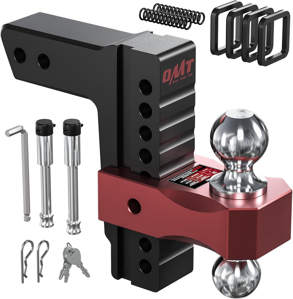 Adjustable Trailer Hitch for 2.5 in. Receiver, Dual-Ball Mount Tow Hitch with 8" Drop/Rise 2" & 2-5/16" Balls, Drop Hitch with Locking Pins for Class IV V Vehicles 8000-18500 GTW, Red