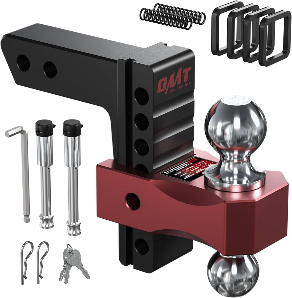 Adjustable Trailer Hitch for 2 in. Receiver, Dual-Ball Mount Tow Hitch with 6" Drop/Rise 2" & 2-5/16" Balls, Drop Hitch with Locking Pins for Class III V Vehicles 8000-12500 GTW, Red