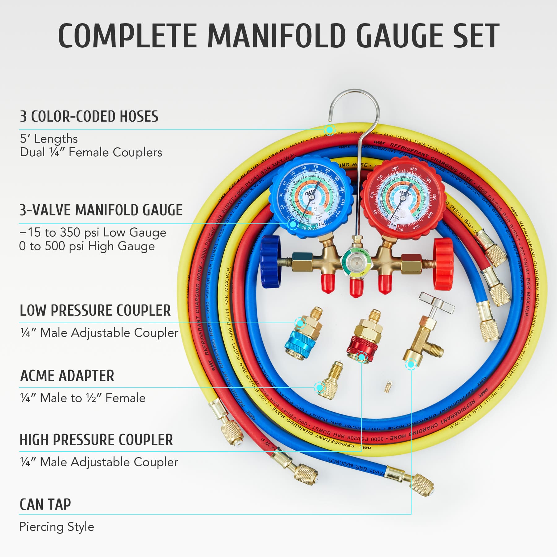 Complete Manifold AC Gauge Set for R12 R22 R502 R134a